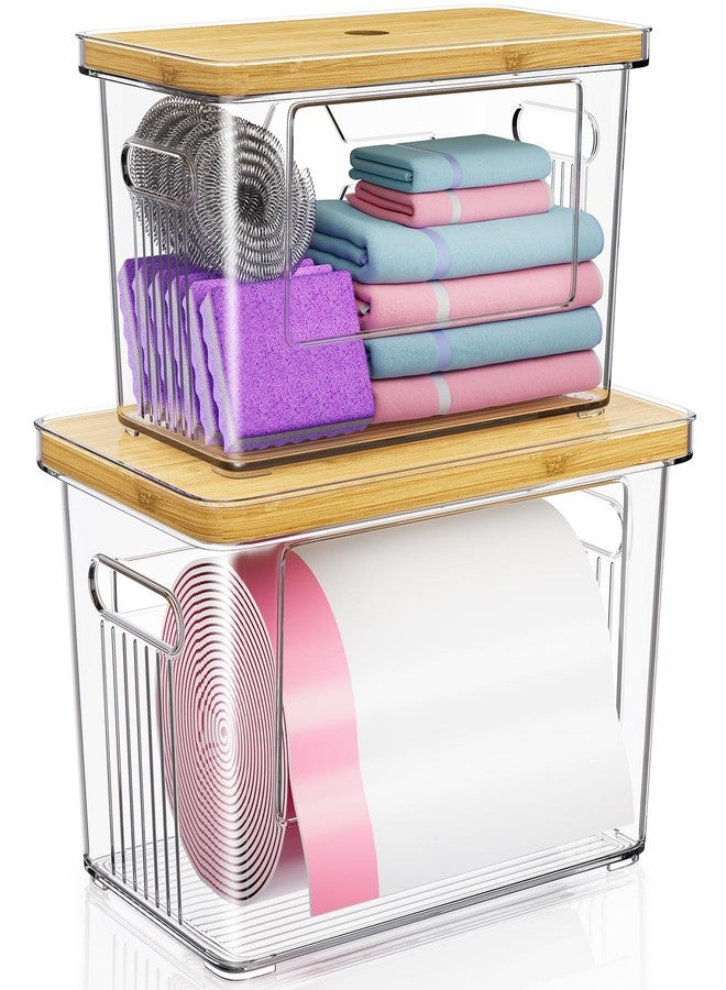 WBKATN 2 Pack Trash Bag Holder with Bamboo Lid, Stackable Trash Bag Dispenser Roll Holder Under Sink, Extra Large Plastic Garbage Bags Storage Organizer for Kitchen, Laundry Room, Acrylic Pantry Organizers - Image 1